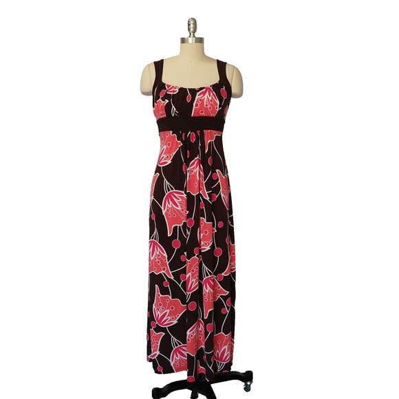 Vintage 90s Y2K B Smart Floral Maxi Dress Size 4 S Brown Pink Empire Sleeveless - Picture 2 of 8